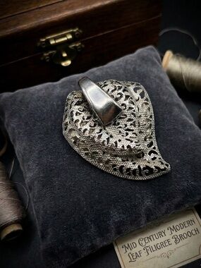 MCM Silver-Tone Filigree Leaf Brooch